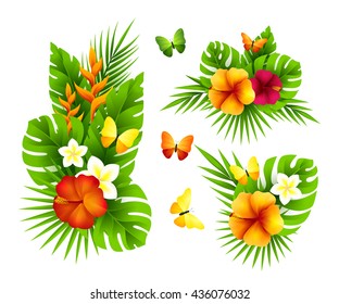 Tropical design elements with palm leaves, flowers and butterflies.