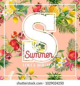 Tropical Design with Exotic Fruits. Summer Composition with Pineapple, Banana and Palm Leaves for Fabric, Posters, Covers. Vector illustration