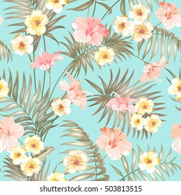 Tropical design for fabric swatch. Topical palm leaves and beautiful plumeria flowers on seamless patten over green background. Vector illustration.
