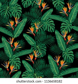 Tropical design featuring Palm Fronds, Monstera Leaves and Bird of Paradise Flowers. Seamless vector pattern background.