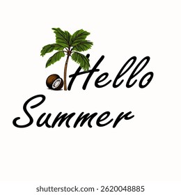 A tropical design featuring a palm tree and a coconut, with the text 'Hello Summer' in an elegant script. The background is light, evoking a warm, sunny atmosphere.