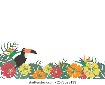 Tropical design flame Monstera deliciosa, yellow butterfly palm, hibiscus and bird.