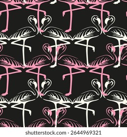 Tropical design with flamingo, seamless pattern, vector stipple