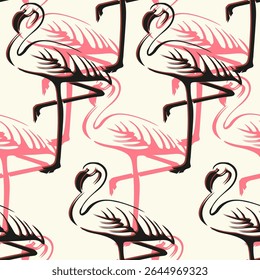 Tropical design with flamingo, seamless pattern, vector stipple