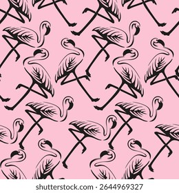 Tropical design with flamingo, seamless pattern, vector stipple