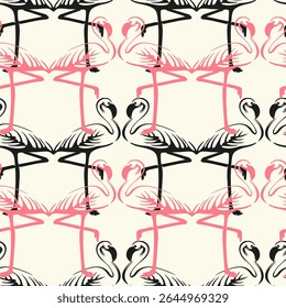 Tropical design with flamingo, seamless pattern, vector stipple