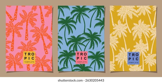 Tropical design with freehand drawn palm trees. Hawaii summer background for posters, templates, cards, covers, decorations, banners, interior decors. Vector illustration.