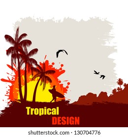 Tropical design grunge poster with man with a surfboard at sunset, vector illustration