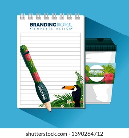 tropical design with notebook and plastic coffee cup