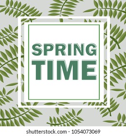 Tropical design with palm leaves. Spring time. Vector floral template frame on grey background