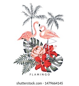 Tropical design with pink flamingo birds, hibiscus flowers, palm leaves, trees, text, white background. T shirt, card, poster template. Vector illustration. Summer beach floral print. Paradise nature