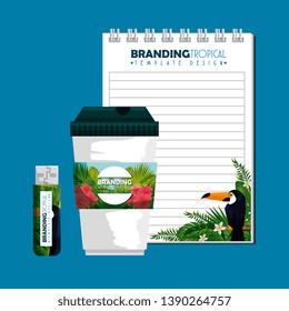 tropical design of plastic coffee cup and notebook