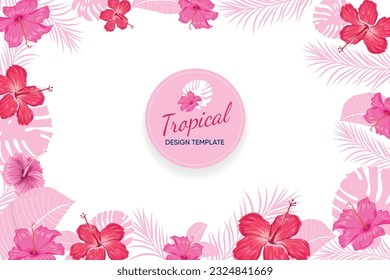 Tropical design template banner. Red, pink hibiscus flowers with palm leaves. Best for party invitations, greeting card designs and flyers. Vector illustration.