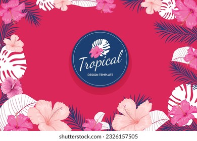 Tropical design template banner. Red, pink hibiscus flowers with palm leaves. Best for party invitations, greeting card designs and flyers. Vector illustration.