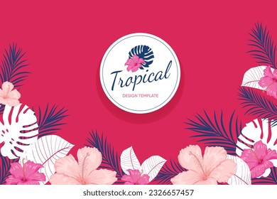 Tropical design template banner. Red, pink hibiscus flowers with palm leaves. Best for party invitations, greeting card designs and flyers. Vector illustration.
