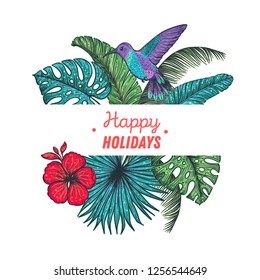 Tropical design template. Colibri and palm leaves vector illustration. Summer design.