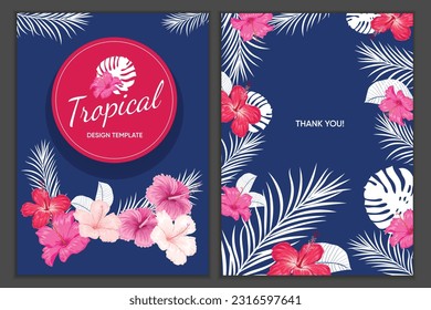 Tropical design template. Red, pink hibiscus flowers with palm leaves in blue and red colors background. Best for party invitations, greeting card designs and flyers. Vector illustration.