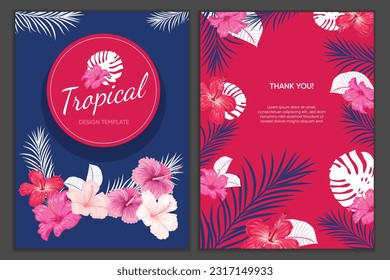 Tropical design template. Red, pink hibiscus flowers with palm leaves in blue and red colors background. Best for party invitations, greeting card designs and flyers. Vector illustration.