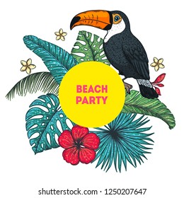 Tropical design template. Toucan and palm leaves vector illustration. Summer  design.
