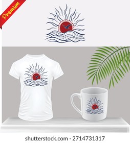 Diseño tropical Vector impresión gráfica para camiseta y taza de café. Maqueta de Mercancía de ropa temática de verano, playa y botánica en mesa blanca limpia. Plantilla de viajes y vacaciones.