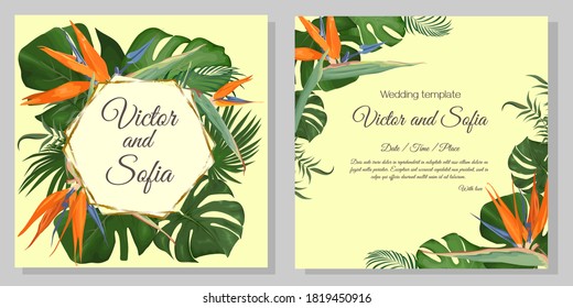 Tropical design for wedding invitation. Strelitzia flowers, monstera, palm leaves.