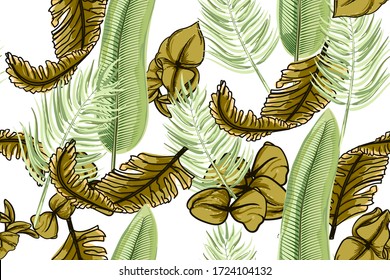 Diseño TROPICAL con hojas verdes y marrones. Arte vectorial sin inconvenientes. 