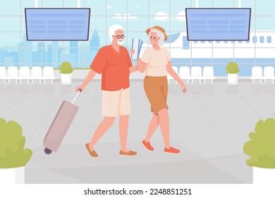 Tropical destination for seniors flat color vector illustration. Older couple going on vacation trip abroad. Fully editable 2D simple cartoon characters with airport terminal on background