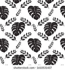 Tropical diamond array repeat seamless pattern of monochrome leaves on background.
