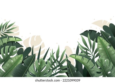 Tropical different type exotic leaves set. Jungle plants. Calathea, Monstera and palm leaves. Vector illustration
