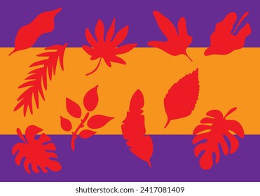 Tropical different type exotic leaves set. Jungle plants. Calathea, Monstera and palm leaves.
