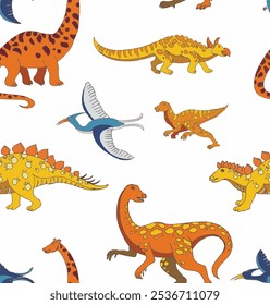 Mural de papel de parede de dinossauro tropical para Kids.Seamless padrão com dinossauros desenhados à mão e aves grandes. Conjunto de silhuetas de dinossauro diferentes. ilustração de dinossauro. Planeta dos dinossauros. Combate a gigantes.