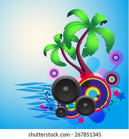 Tropical disco dance background with music and fantasy design elements. EPS10 vector.