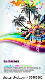 Tropical Disco Dance Background with music and fantasy design elements