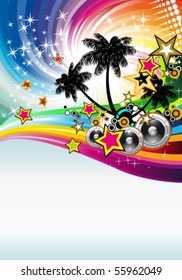 Tropical Disco Dance Background with music and fantasy design elements