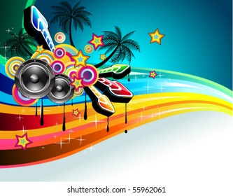 Tropical Disco Dance Background with music and fantasy design elements