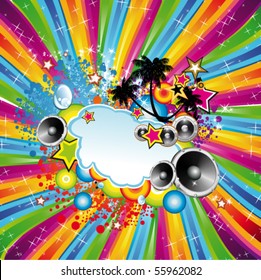 Tropical Disco Dance Background with music and fantasy design elements