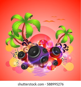 Tropical disco dance background with music and fantasy design elements. EPS10 vector.