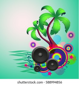 Tropical disco dance green background with music and fantasy design elements. EPS10 vector.