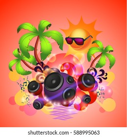 Tropical disco dance red background with music and fantasy design elements. EPS10 vector.