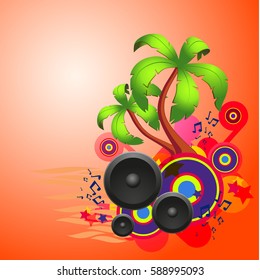 Tropical disco dance red background with music and fantasy design elements. EPS10 vector.