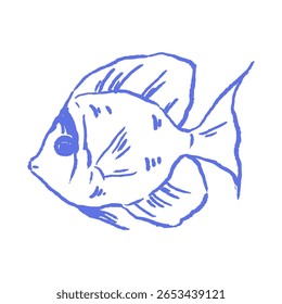 Vetor de peixe rabiscar tropical com efeito de giz áspero. Esboço marinho azul desenhado à mão para ícones de aquário, infográficos do mar, gráficos de educação subaquática.