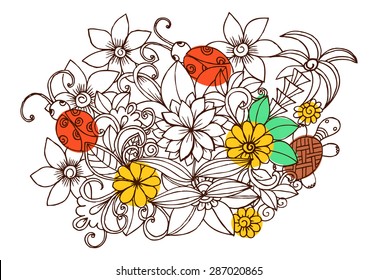 Tropical doodle image with flowers, turtle and bugs