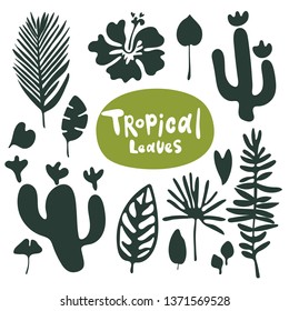 Tropical doodle leaves collection. Set of vector isolated silhouettes on white background