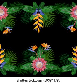 Tropical double seamless border with flowers, leaves and butterfly. Tropic floral composition with place for text on black background. Jungle textile print with protea.