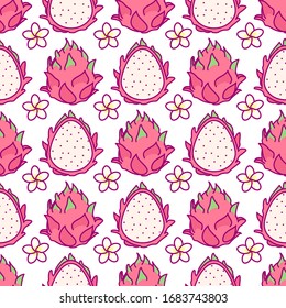 Tropical Dragon Fruit food seamless pattern.  Clip art vector