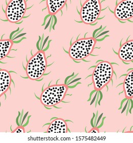 Tropical dragon fruit vector seamless pattern. Background with pitaya for design fabric.