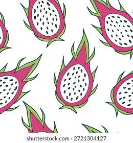 Padrão de telha sem costura de fruta-dragão tropical com tons verdes e brancos rosa brilhantes para um conceito de design de verão vibrante como tons verdes e brancos brilhantes de fruta-dragão criam um padrão de telha sem costura tropical para decoração de verão vibrante no Photo Stock Concept e espaço vazio no lado esquerdo, sem texto —ar 7:2 —tile