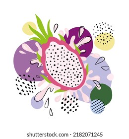 Tropical dragonfruits and pitaya juice splash. Hand drawn pitaya pattern on white background. for fabric, drawing labels, print, wallpaper of children's room, fruits background