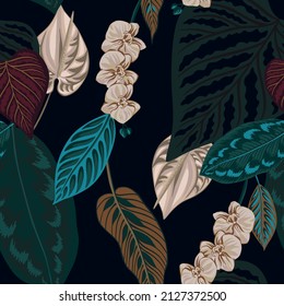 Tropical dramatic vintage exotic flower, palm leaves floral seamless pattern black background. Dark jungle wallpaper.