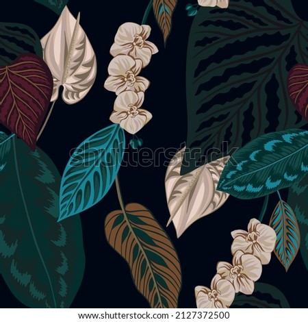 Tropical dramatic vintage exotic flower, palm leaves floral seamless pattern black background. Dark jungle wallpaper.
